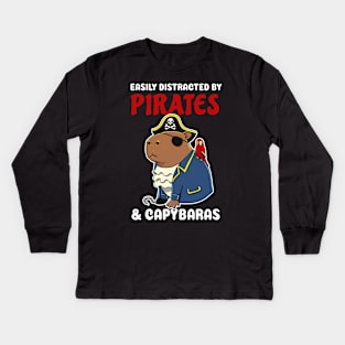 Easily Distracted by Pirates and Capybaras Cartoon Kids Long Sleeve T-Shirt